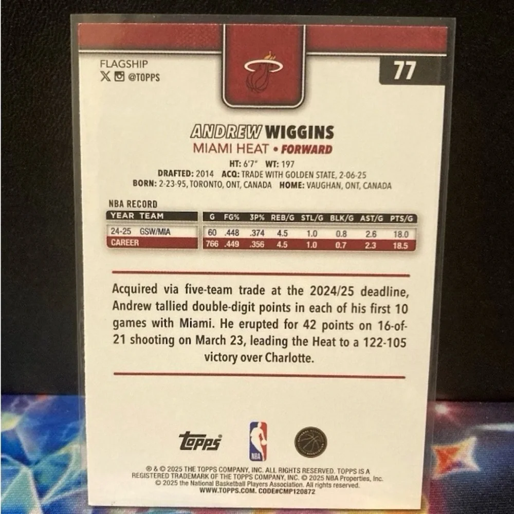 2025-26 Topps NBA Blue /150 Andrew Wiggins Miami Heat 77 Black Jersey - Picture 2 of 2